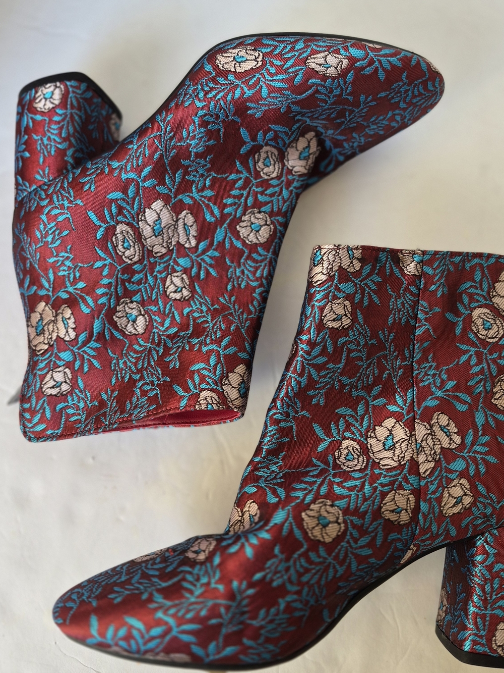 Gianni Bini Burgundy Floral Embroidered Ankle Booties with Teal Accents